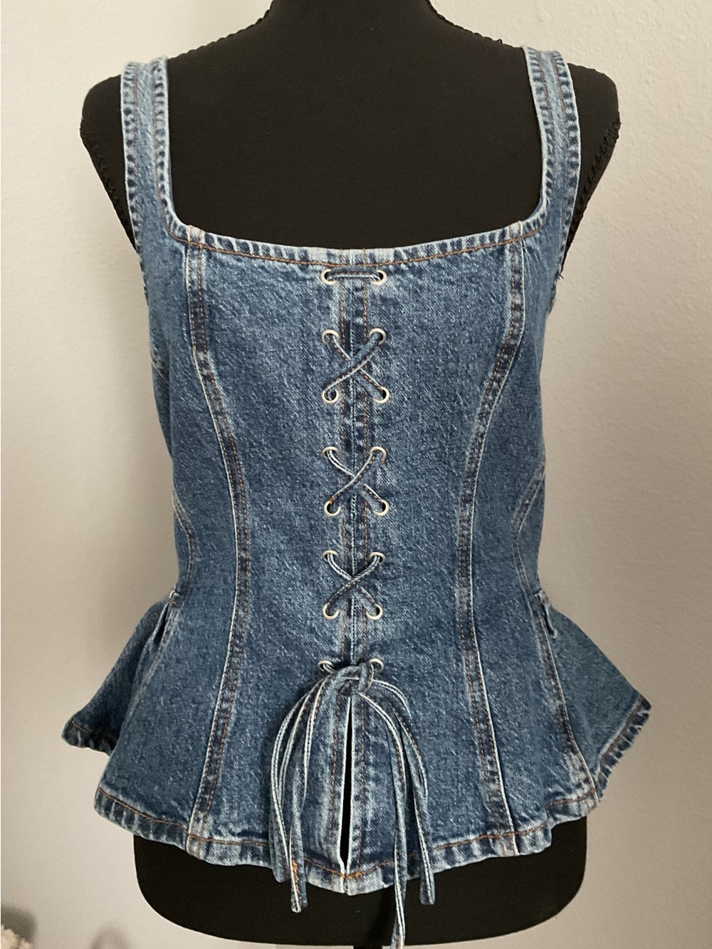 Avec Les Filles Denim Lace-Up Peplum Top - Denim Blue - Picture 3 of 8